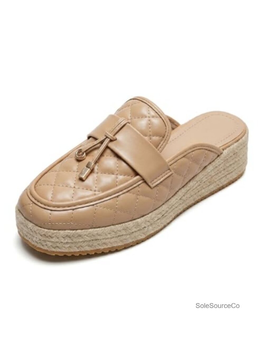 Quilted Faux Leather Platform Mules Square Toe Jute Sole Slip-On Casual Slides